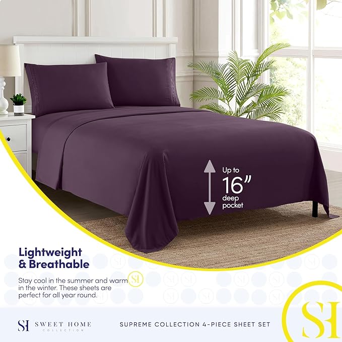 Queen Size Bed Sheets - Breathable Luxury Sheets with Full Elastic & Secure Corner Straps Built In - 1800 Supreme Collection Extra Soft Deep Pocket Bedding Set, Sheet Set, Queen, Purple
