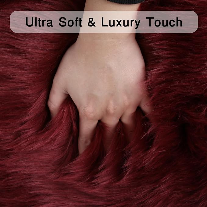 duduta Burgundy Faux Sheepskin Runner Rugs 2x6 ft, Fluffy Fur Couch Covers | - Image 3