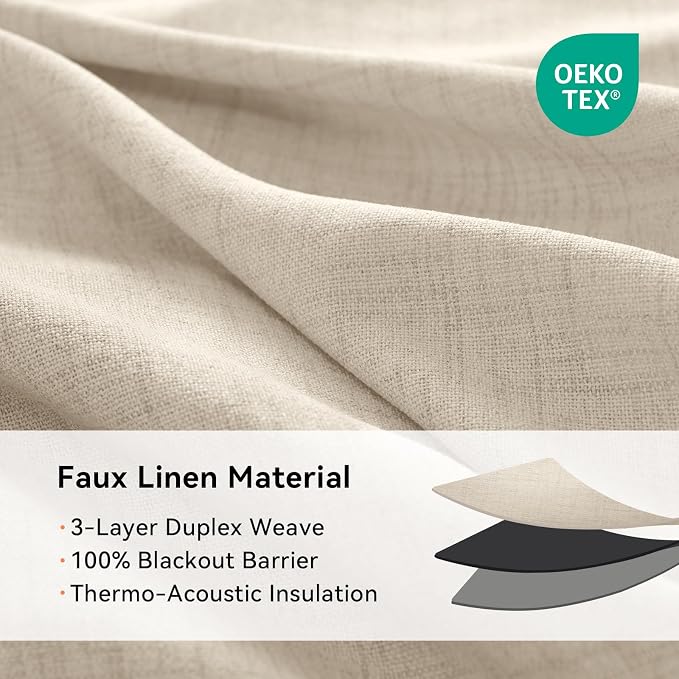 100% Blackout Linen Textured Curtains 90 Inch Long, Natural Flax | 100% - Image 4