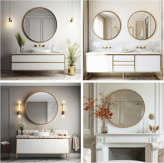 Round Gold Mirror, 28 inch Round Mirror, Circle Bathroom Mirrors Metal Frame, Wall Mounted Circle Mirrors for Bathroom, Living Room, Hallway, Farmhouse.