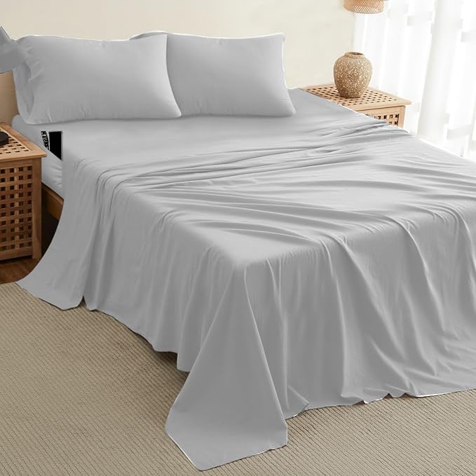 DREAMCARE Queen Sheet Set – 4 pcs Cooling Sheets – up to 21” Extra Deep Pocket Queen Sheets – Hotel Luxury Sheets & Pillowcases – Superior Softness 100% Fine Microfiber with Side Pocket – Light Gray