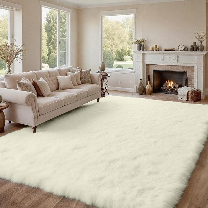 8x10 Fluffy Shag Area Rugs for Living Room Bedroom: Soft Carpet Cream White | - Image 4