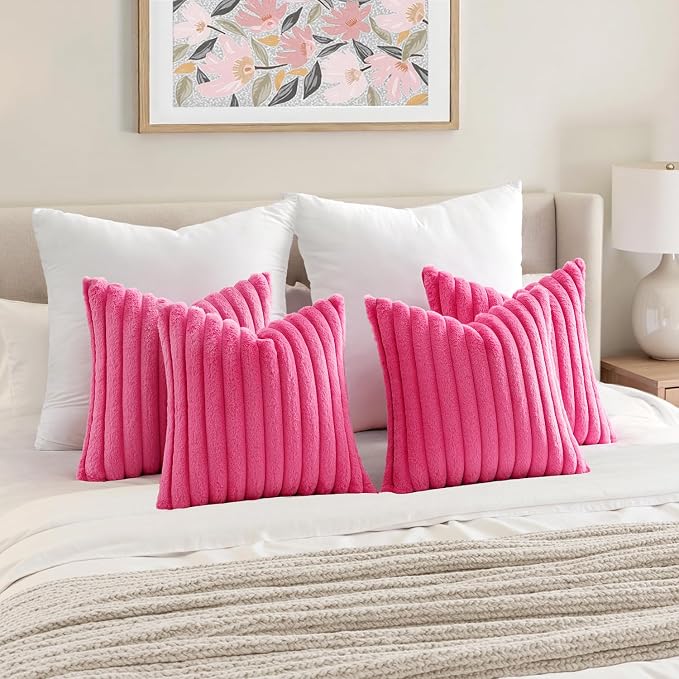 MIULEE Faux Fur Plush Decorative Throw Pillow Covers 18x18, Hot Pink | Set of 4 - Image 4