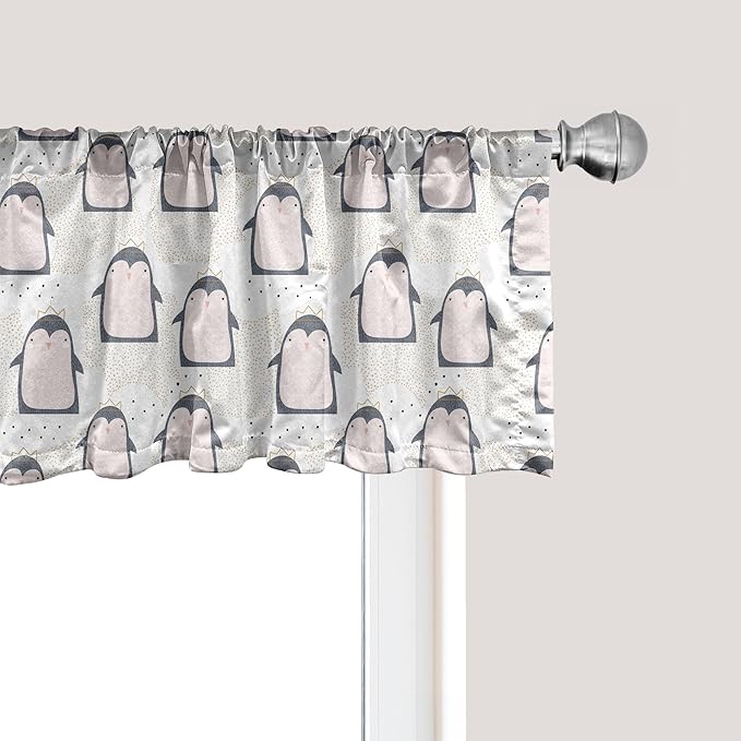 Ambesonne Penguin Window Valance, Pastel Colored Style Cartoon Animals from Antarctica Crowns on a Dotted Background, Curtain Valance for Kitchen Bedroom Decor with Rod Pocket, 54" X 18", Grey Pink
