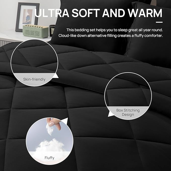 Love's cabin California King Comforter Set Black, 7 Pieces California King Bed in a Bag, All Season Bedding Sets with 1 Comforter, 1 Flat Sheet, 1 Fitted Sheet, 2 Pillowcase and 2 Pillow Sham