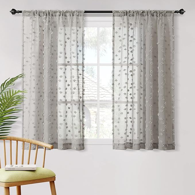 MYSKY HOME Grey Sheer Short Curtains with Pom Pom for Small Windows Bedroom Nursery Kids Girls Room Curtains Cafe Kitchen Light Filtering Boho Drapes, Rod Pocket,38 x 54 Inches, 2 Panels