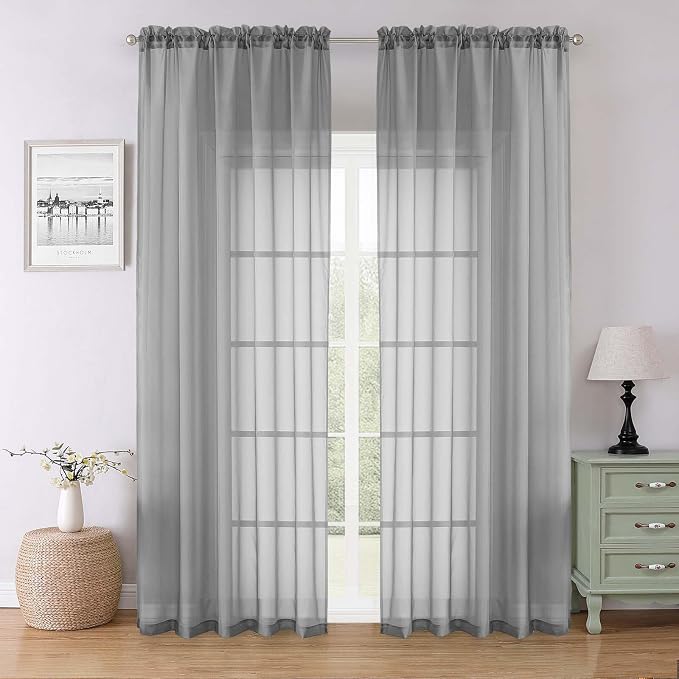 Charcoal Grey Sheer Curtains 90 Inches Long 2 Panels Set, Dual Rod Pocket by Lecloud