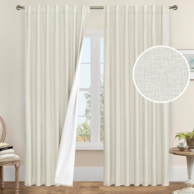 Natural 100% Blackout Linen Curtains 84 Inches 2 Panels, Ivory | Thermal by LAMIT
