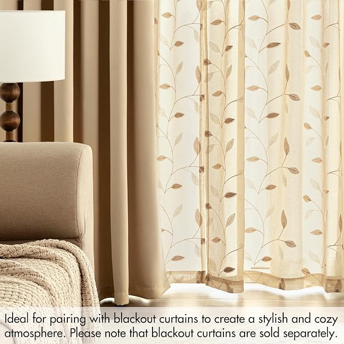 MIULEE Khaki Sheer Curtains 2 Panels Embroidered Leaf Patterned, W52 x L96 | - Image 7