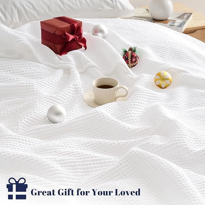 PHF 100% Cotton Waffle Weave Blanket King Size for Bed,Snag Proof Lightweight Breathable Moisture-Wicking Throw for Couch,Great for Layering in Cold Weather,Machine Washable,Home Decor Gift-White