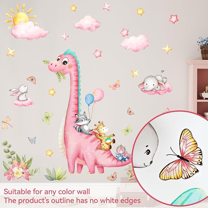 Pink Dinosaur Wall Decals for Girls Room, Sunoyar Dinosaur Wall Stickers Removable, Self-Adhesive DIY Peel & Stick Dino Wall Decal for Girls Baby Nursery Bedroom Living Room