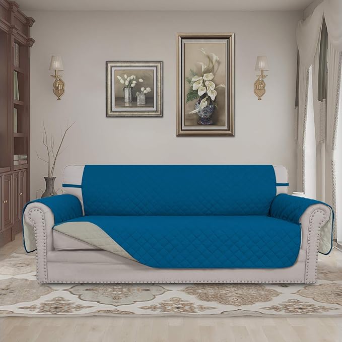 Easy-Going Reversible Couch Cover, 3 Cushion Sofa, Peacockblue/Beige | X-Large - Image 2