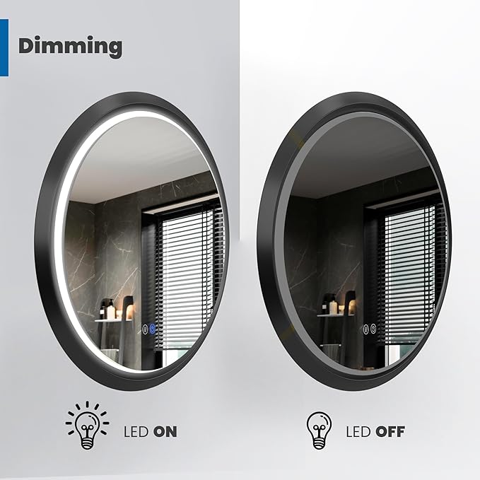 Fab Glass 32 Inch Front Lit LED Circle Vanity Bathroom Mirror, Anti-Fog Dimmable Touch & 3 Color Modes Round Framed LED Mirror 32" L X 32" W Black
