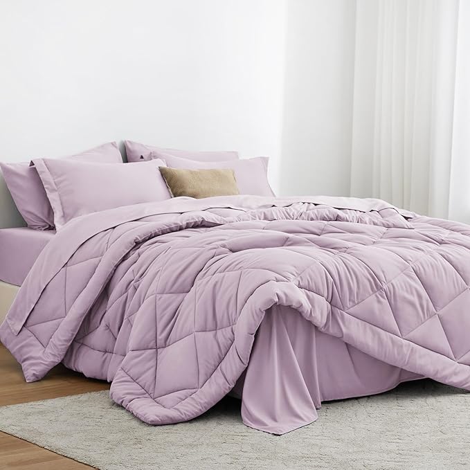 Love's cabin Twin XL Comforter Set Light Purple, 5 Pieces Twin XL Bed in a Bag, All Season Bedding Sets with 1 Comforter, 1 Flat Sheet, 1 Fitted Sheet, 1 Pillowcase and 1 Pillow Sham