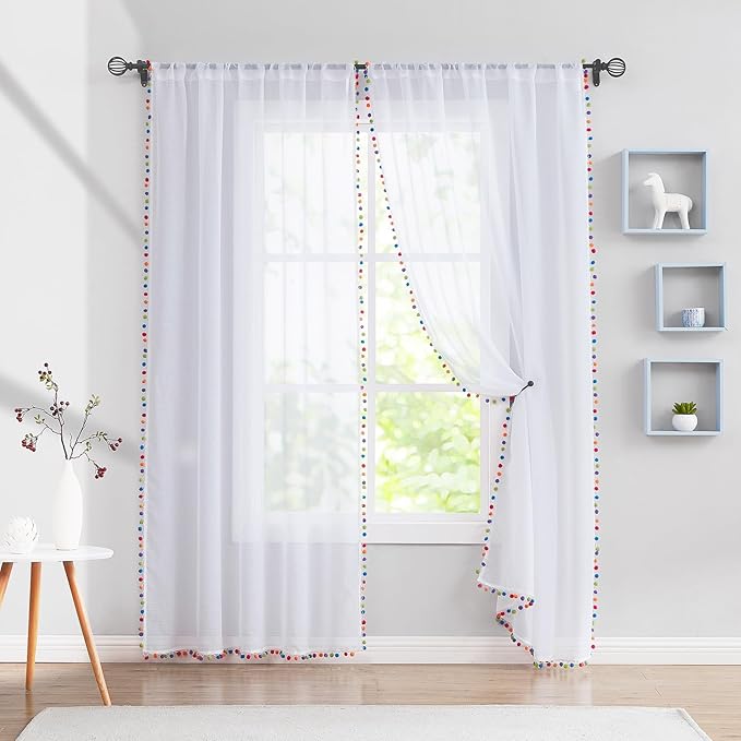 Treatmentex White Sheer Curtains Multi Colorful Pom Pom Sheer Drapes 63" inches Long Window Draperies for Nursery Room Bed Canopy 2 Panels Rod Pocket