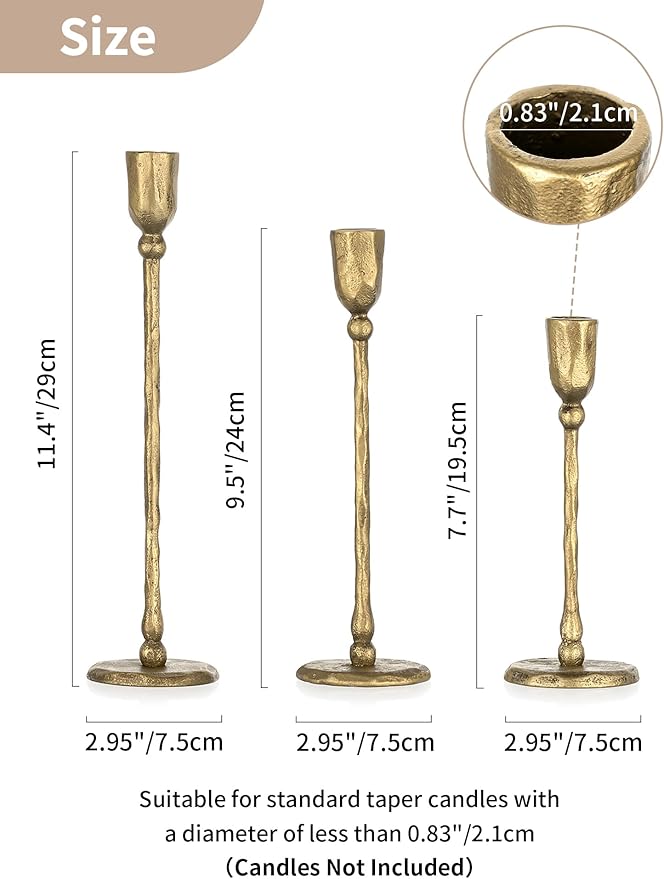 NUPTIO Iron Taper Candle Holders: Antique Brass Candlestick Holder for Thanksgiving Christmas Party - Set of 3 Tall Gold Candles Stick Decor for Fireplace Table Centerpiece