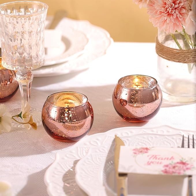 12 Pcs Rose Gold Candle Holders for Birthday Party Decorations- Mercury Glass Votives Tea Lights Holders for Wedding/Bridal Shower/Mother's Day Table Centerpieces, Rose Gold Party Supplies for Women