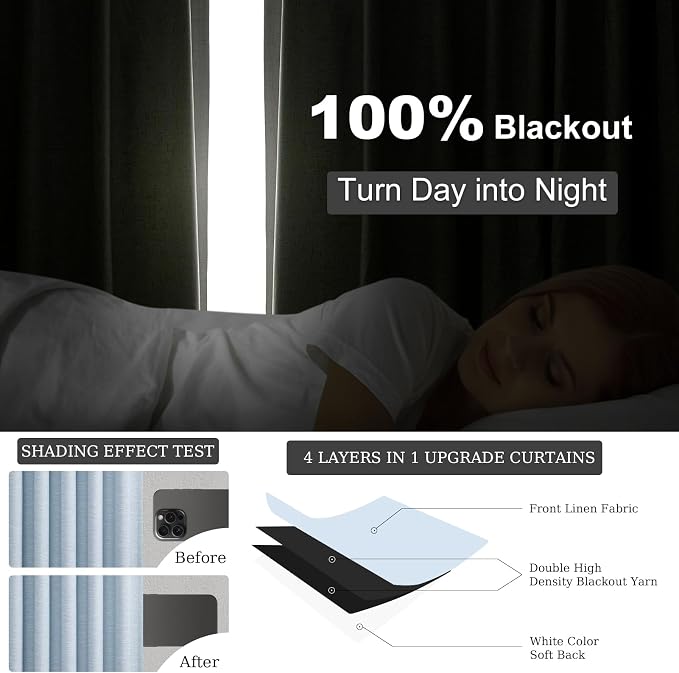 Light Blue 95 inch Bedroom Living Room Curtains 2 Panels 100% Blackout Linen - Image 5