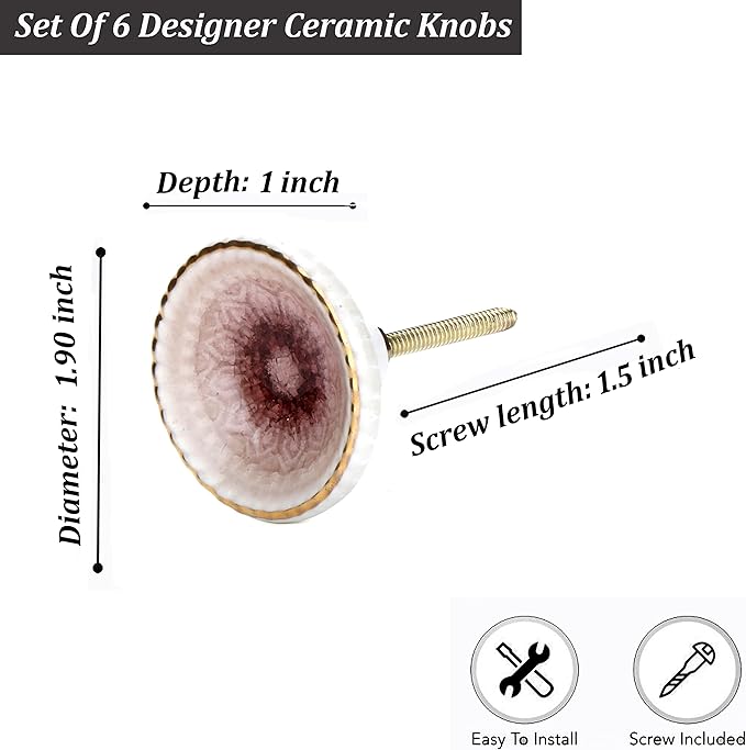 Perilla Home Set of 6 Marrakesh Knob Ceramic Decorative Round Knobs for Home Kitchen Cabinet Hardware Cupboard Glass Door Dresser Wardrobe and Drawer Pulls (Pink)