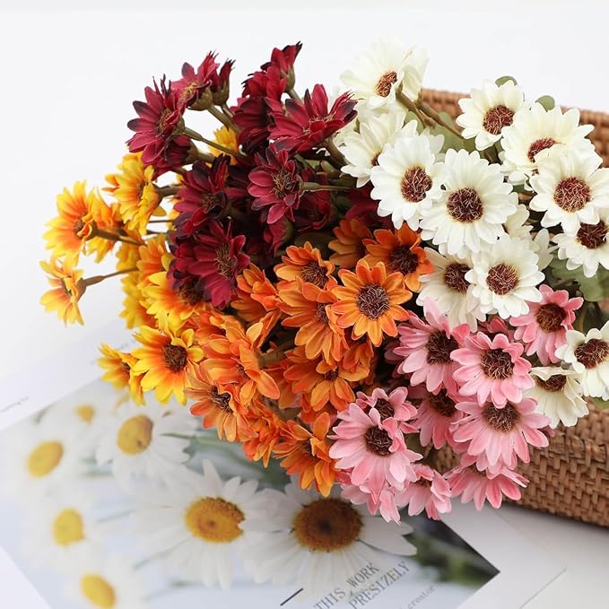 Artificial Mums for Outdoors, Faux Sunset Mum Flowers Planters for Indoor Outside Decor, Fake Look Real, Vibrant, UV Resistant, Waterproof, Windproof (Pink, 5 Bundle)