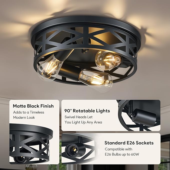VONLUCE Flush Mount Ceiling Lights, 3-Light Hallway Ceiling Lighting Fixtures, 13 inch Farmhouse Metal Cage Ceiling Lights for Entryway Kitchen, Adjustable Lamp Holders, 2 pcs, Black