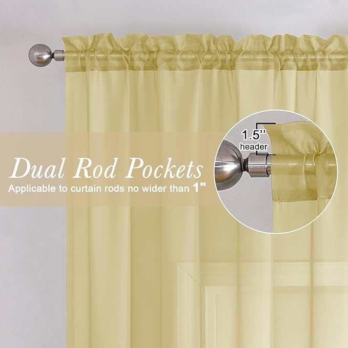 Yellow Sheer Curtains 90 Inches Long 2 Panels, Gauzy Light Filtering Breathable - Image 2