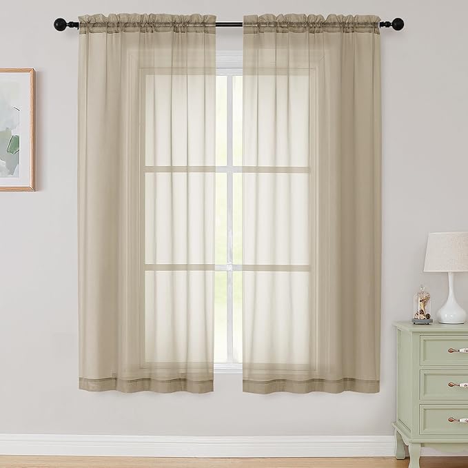 Sheer Taupe Curtains for Bedroom Living Room 63 Inch Length 2 Panels, Airy Soft by WelvetBLK