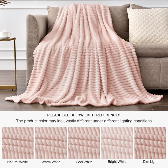BEDELITE 3D Ribbed Light Pink Fleece Throw Blanket - Image 6