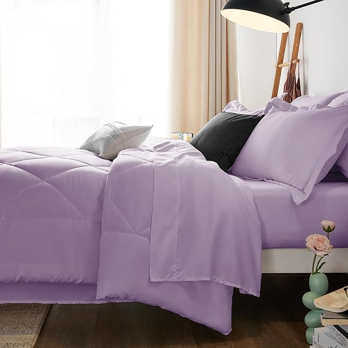 CozyLux King Size Comforter Set Light Purple - 7 Pieces Bed in a Bag King, Luxury Soft Lavender Bed Set for All Seasons, Bedding Set with Down Alternative Comforter, Sheets, Pillowcases & Shams