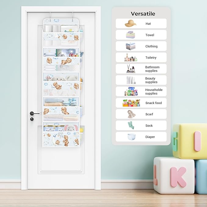 Clastyle Animals Over The Door Organizer Star Nursery Hanging Storage Organizer for Kids Clothes Diaper Toy Closet Door Hanging Shelf Storage for Bedroom Bathroom Pantry, Bear, 5-Tier