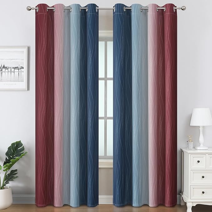 Navy Blue and Burgundy Red Ombre Blackout Bedroom Curtains 108 Inches Long | - Image 2