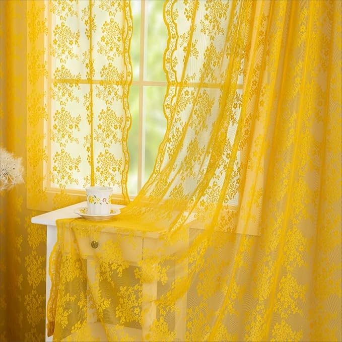 YJ YANJUN Vintage Lace Curtains 72 Inches Long-Victorian Floral Pattern Mustard by YJYANJUN