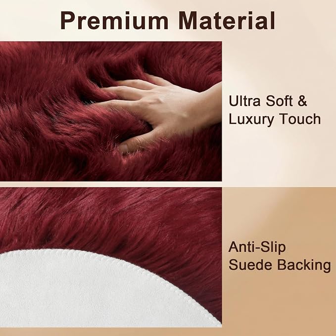 duduta Burgundy Faux Sheepskin Rug 2x3 ft, Fluffy Fur Seat Chair Covers | Shag - Image 3