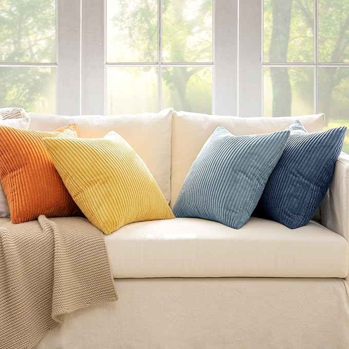 MIULEE Soft Corduroy Decorative Throw Pillow Covers Blue-Orange 18x18 | Set of 4 - Image 2
