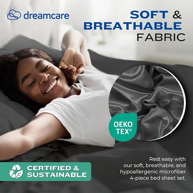 DREAMCARE Full Size Sheets – 4 pcs Cooling Sheets – up to 21” Deep Full Sheet Set – Hotel Luxury Pillowcases – Superior Softness 100% Fine Microfiber with Side Pocket – Gray