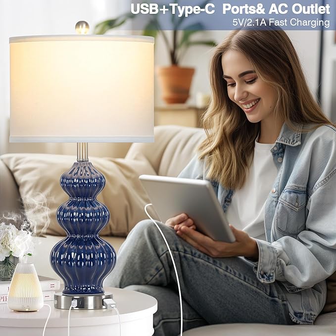 26" Blue Table Lamp Set of 2 with USB A+C Ports & AC Outlet, Ceramic Table Lamps Classic Beside Lamps Nightstand Lamp Modern Table Lamp for Living Room,LED Bulbs Included