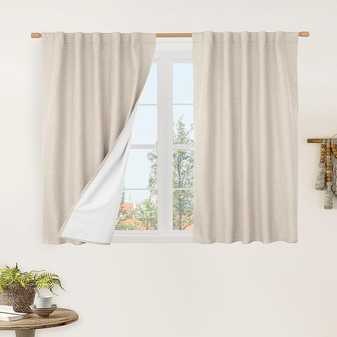 100% Blackout Linen Curtains for Cafe 40 Inch Length 2 Panels | Oatmeal by LAMIT