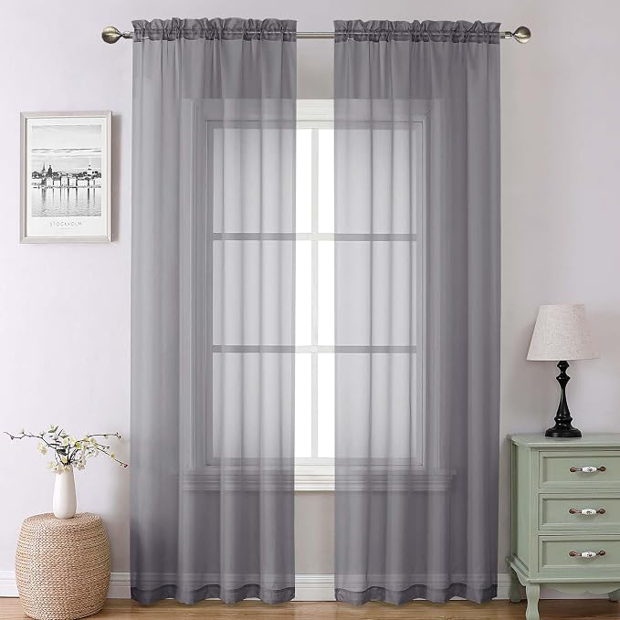 Charcoal Grey Sheer Curtains 90 Inches Long 2 Panels, Light Filtering Voile by Lecloud