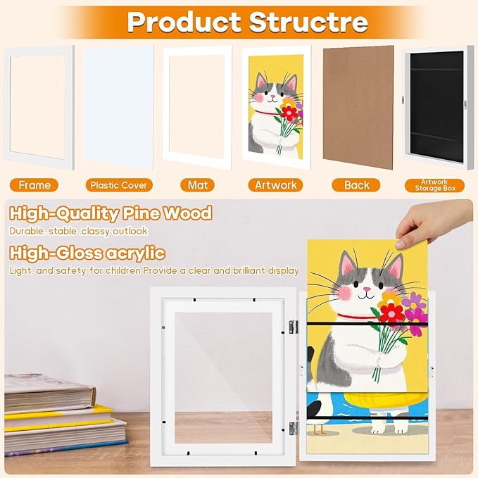 8 Pack Kids Artwork Frames Changeable 8.5 x 11 Inch Children Art Projects Kids Art Frames Front Opening Picture Display Frame, White