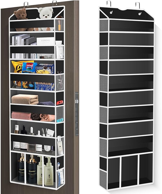 Over The Door Organizer Closet,6 Bins 12 Side Pockets,Hanging Organizer,Anti Tilt 50 lbs Load Organizers and Storage with Clear Window for Bedroom,Nursery,Rv,Bathroom,Camper(Black)