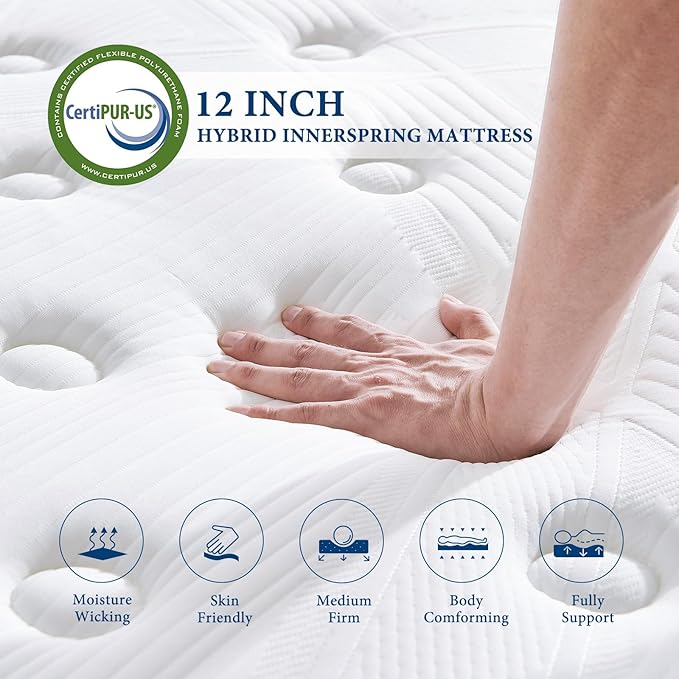 Coolvie Twin Mattress 12 Inch Hybrid Mattress Twin Size Bed Mattresses in A Box Individual Pocket Springs with Memory Foam Layer Provide Motion Isolation & Cool Sleep