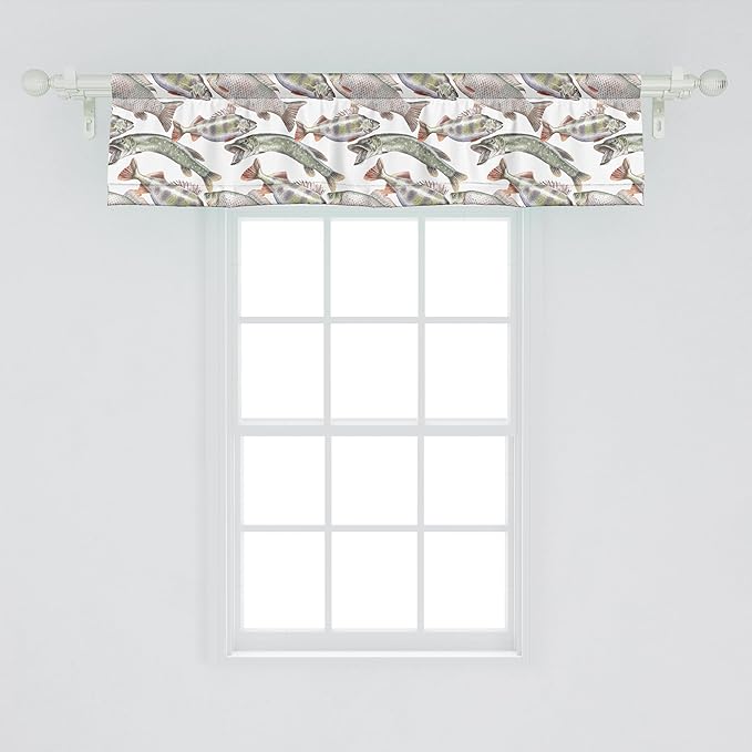 Ambesonne Fishes Window Valance, Watercolor Common Carp Perch and Bass Freshwater Animals Themed Seafood Drawing, Curtain Valance for Kitchen Bedroom Decor with Rod Pocket, 42" x 12", Pale Blue Grey