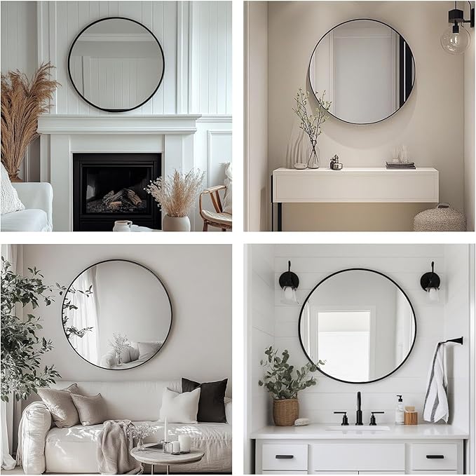 Round Mirror 30 inch, Black Round Mirror, Large Circle Mirrors Metal Frame, Black Circle Mirrors for Wall, Bathroom, Living Room, Dining Room, Entryway.
