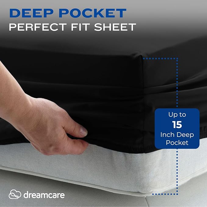 DREAMCARE California King Sheet Sets - Cooling Bed Sheets - 4pcs Set - up to 15" Deep Pocket Cal King Sheets - California King Sheets - Soft & Lasting 100% Brushed Polyester with Side Pocket - Black