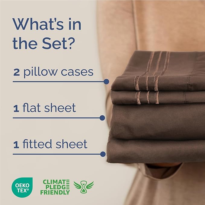 Full Size 4 Piece Sheet Set - Comfy Breathable & Cooling Bed Sheets Set - Hotel Luxury Bedding for Women, Men, Kids, Teens, Boys & Girls - Deep Pockets, Ultra-Soft and Wrinkle Free - Oeko-Tex - Brown