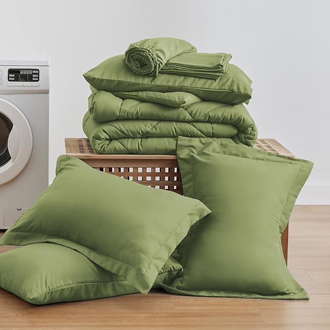 Love's cabin King Size Comforter Set Olive Green, 7 Pieces King Bed in a Bag, All Season Bedding Sets with 1 Comforter, 1 Flat Sheet, 1 Fitted Sheet, 2 Pillowcase and 2 Pillow Sham