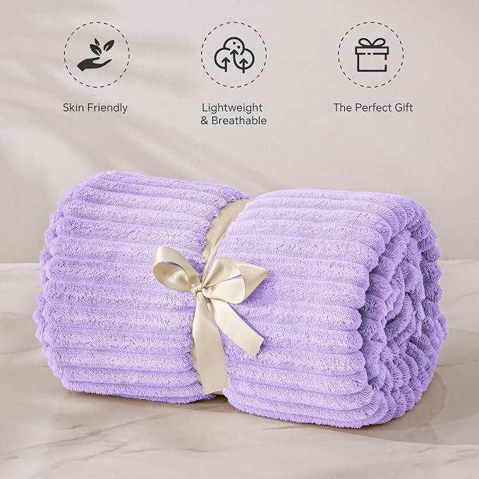 BEDELITE 3D Ribbed Pastel Lilac Fleece Throw Blanket - Image 4