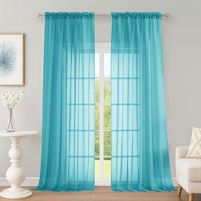 Extra Long Turquoise Sheer Curtains 96 Inches Long 2 Panels Set, Soft by OWENIE