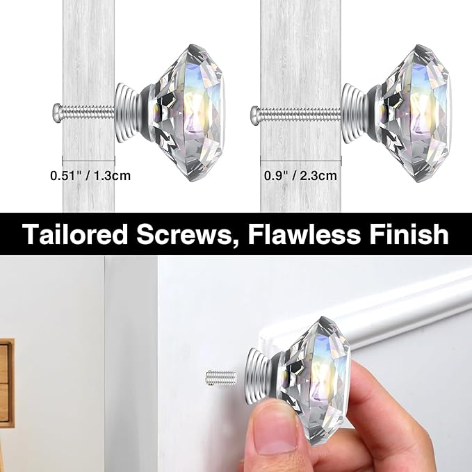 POZEAN Crystal Cabinet Knobs 30Pack, 1.57inch Dresser Knobs for Cabinet, Drawer with Two Different Sizes Screws, Diamond Glass Pulls Handles (40mm, 30Pack, Clear-Silver)