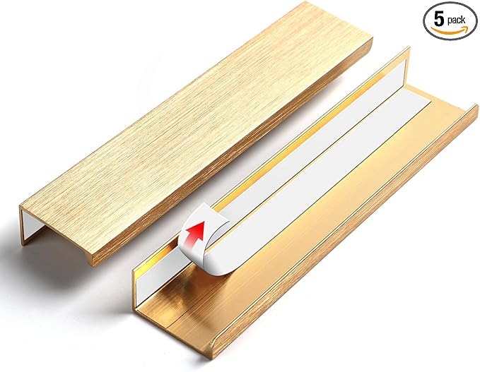 5pack 6 inch self Adhesive Cabinet pulls Adhesive Cabinet Handles Stick on Handles Gold Finger pulls for cabinets Drawer Edge pulls Finger pulls Concealed Drawer Seam Flat